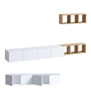 Meuble TV suspendu avec &eacute;tag&egrave;re murale en bois "Pia"- 215 x 32 x 25 cm - Blanc - Neuf