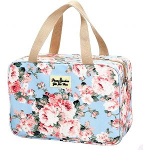 Trousse de toilette pour femme, trousse de maquillage portable, grande trousse de toilette, trousse de rangement, trousse de maquillage étanche à fleurs pour filles et femmes (rose bleue) - Neuf