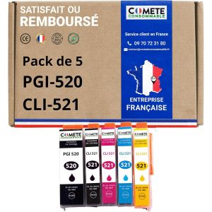 ERYI-Comete, Marque Française - 520Xl 521Xl - 5 Cartouches D'Encre Compatibles Avec Canon Pgi-520 Cli-521 Xl / Pg520 Cl521 - Pour Canon Pixma Ip3600 Ip4600 Ip4700 Mp550 Mp560 Mx860 (2 Noir Et 3 Coule - Neuf