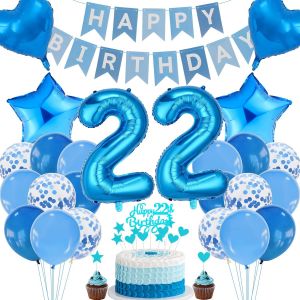 Eryi-Décorations 22ème Anniversaire,Décoration Gâteau Bleu Anniversaire 22 Homme,Décoration Fête Bleu,22 Anniversaire Femme Homme,Décoration Gâteau 22ème Anniversaire Homme Femme,Décoration Anniversa - Neuf