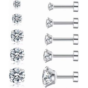 Chenquansarl-Lot De 5 Paires De Boucles D'oreilles À Tige Hypoallergéniques En Acier Chirurgical Avec Oxyde De Zirconium Pour Femme, Homme, Fille, Cartilage, Taille Unique, Métal, Pas De Gemme - Neuf