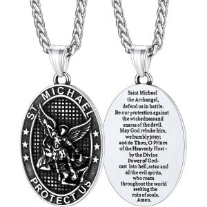 Kal-Collier Ange Saint Michel Acier Inoxydable, Pendentif St Michel Ange Gardien Avec Cha&icirc;ne R&eacute;glable 55+5cm, Bijoux Religieux Chr&eacute;tien Protection Porte Bonheur - Neuf