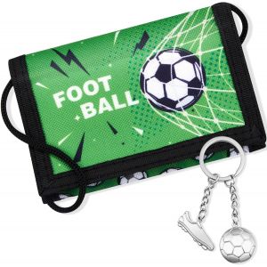 NSIECD-Porte-Monnaie pour Enfant Garçon Fille Portefeuille en Nylon avec Porte-Clés Pochette Tour de Cou de Voyage Portefeuille à Trois Volets Cadeau d'anniversaire pour Fille Garçon (Football) - Neuf
