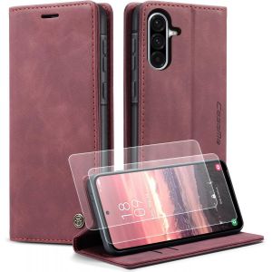 KWEX-&Eacute;tui pour Samsung Galaxy A36 5G Coque Premium Housse en Cuir Pliable Protection Pochette Aimant Porte-Carte Stand Fonction Rabat avec 2 Verres de Protection pour Samsung Galaxy A36 (Vin Rouge) - Neuf