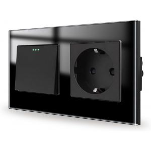 Interrupteur d'&eacute;clairage avec prise - Noir - Encastr&eacute; - 1 compartiment 1 voie - En verre - Interrupteur mural - Interrupteur &agrave; bascule transparent - 157 x 86 mm - 10 A - 250 V - Neuf