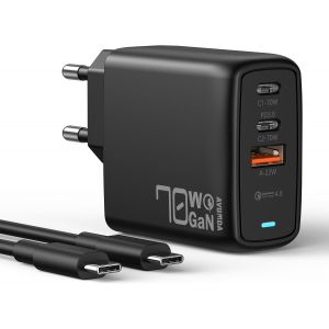 70w Usb C Charger, 3 Ports Fast Charger With Gan Iii Tech For Macbook Air Pro Ipad Pro Dell Xps 15, Google Pixel, Galaxy S23/S22/S21, Steam Deck, 1.8 M 100 W Usb C Cable Included - Neuf