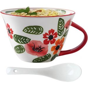 Eryi-Tasse À Déjeuner Grande 600ml, Xxl Tasse À Café Avec Cuillère, Bols Avec Anse En Céramique Pour Lait, Cappuccino, Soupe, Tasse Floral Peintes 20oz, Rouge - Neuf