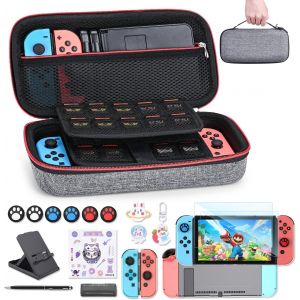 NS Switch Accessories Case for NS Switch 18 in 1 with Switch Carrying Case,Switch Game Case,Switch Screen Protector,Switch Stand,Thumb Grips Switch (Grey) - Neuf
