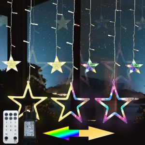 JGD-Guirlande lumineuse ext&eacute;rieure &eacute;toiles 2,3 m 138 LED, blanc chaud et multicolore, intensit&eacute; variable, rideau lumineux int&eacute;rieur avec 11 modes, t&eacute;l&eacute;commande, minuterie, crochet, extensible, - Neuf