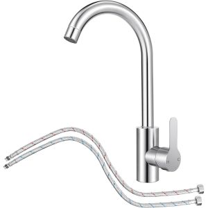 Mitigeur Cuisine avec Tuyau Flexible G3/8 x M10,Robinet Cuisine en Acier Inox avec Bec Pivotant &agrave; 360&deg; Monocommande,Robinet Evier de Cuisine d'Arc &agrave; Sortie d'Eau Haute - Neuf