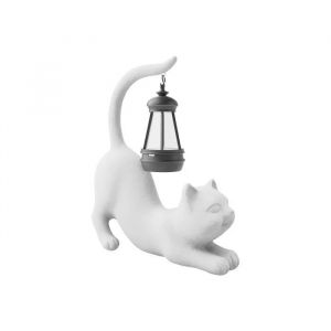 Figurine Chat Blanc Lampe Solaire Jardin Sculpture Ext&eacute;rieure en R&eacute;sine LED D&eacute;coration Lumineuse R&eacute;sistante aux Intemp&eacute;ries - Neuf