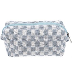 Trousse de toilette élégante en laine bleu ciel - Organiseur de voyage à carreaux de grande capacité - Neuf