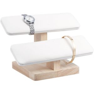 Kal-Présentoir De Montre En Bois, Présentoir De Bracelets À 2 Étages Avec Base En Bois T-Bar Bracelet Bijoux Presentoir Pour Montres Pour Affichage Au Détail À Domicile, Blanc, 19.7x12.4x13.2cm - Neuf