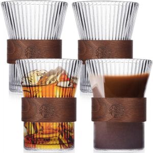Lot De 4 Tasses &Agrave; Expresso, 300 Ml, En Verre, Avec Manchon En Bois De Noyer, 11 X 8 Cm, Pour Cappuccino, Moka, Latte, Macchiato, Design Ondul&eacute;, Pour Th&eacute;, Expresso, Latte, Glace, Jus - Neuf