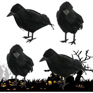 Cauc-Corbeau D'halloween Décoration, 4 Pièces Décorations Réalistes De Corbeau, Corbeau À Plumes Noirs Décoration, Corbeaux D'halloween, Oiseaux Artificiels Faux Corbeaux, Halloween Corbeau Prop Déco - Neuf