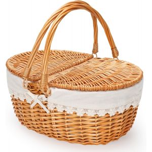 Ulteronixshop-Panier de pique-nique avec couvercle en osier et doublure cr&egrave;me - Neuf