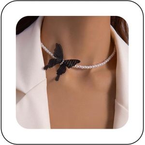 Kal-Collier De Perles Boho Chaîne Pendentif Papillon Noir Vintage Collier De Perles Statement Choker Collier De Charme Papillon Gothique Collier De Perles Minimaliste Bijoux Pour Femmes Et Filles - Neuf