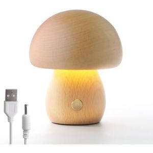 Lampe Champignon En Bois, Veilleuse Portable &Agrave; Intensit&eacute; Variable Avec Chargement Usb, Veilleuse Sans Fil Pour D&eacute;coration Int&eacute;rieure, Chambre &Agrave; Coucher, Veilleuse Led Rechargeable, H&ecirc;tre - Neuf