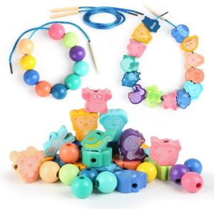 JEXNOVASHOP-Montessori Lot de 32 jouets en bois à enfiler pour enfants de 2 à 5 ans, jeu d'enfilage pédagogique, cadeau pour filles et garçons - Neuf