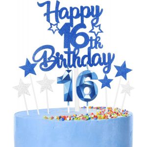 ERSHI-Décoration Bleu Gâteau 16 Ans Anniversaire,9 Pièces Cake Topper 16 Ans,Bougies, Étoiles & C?urs pour Cupcakes Décoration de [6023] - Neuf