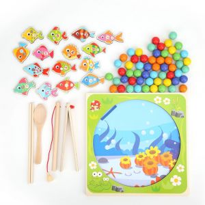 Jeu de peche et de perles a clipser 2 en 1, jouets en bois pour enfants de moins de 14 ans - Neuf