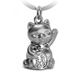 Kal-Porte-Cl&eacute;s Chat Porte-Bonheur Maneki Neko - Joli Chat Porte-Bonheur - Pendentif En M&eacute;tal - Cadeau, Argent&eacute;, Taille Unique, Porte-Cl&eacute;s - Neuf
