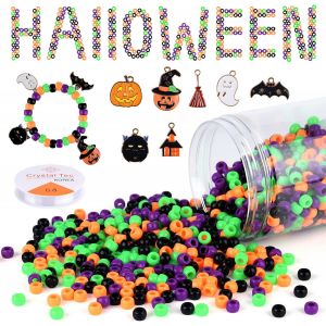 Teppc-1050 Pcs Halloween Perles Poney Avec 7 Pièces Charms Pendentif Décorations 1 Rouleau De Bricolage Élastique Cordes En Acrylique Perles Avec Boîte De Rangement Perles D'halloween - Neuf