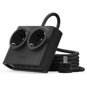 25W GaN 6-en-1 Multiprise Rallonge avec 2 Prises AC + 4 Ports USB (2 USB-C), Fiche Ultra-Mince & C&acirc;ble 1.6m, 2500W Max pour Maison/Bureau, Noir - Neuf