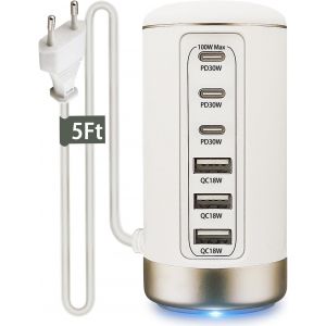 Chargeur Usb C Multiple 100W, Chargeur Multi Usb Rapide Avec 30W Usb-C Et 18W, Compatible Avec Iphone/Samsung/Pixel/Ipad/Macbook Air/Montre Intelligente/Casque Bluetooth - Neuf