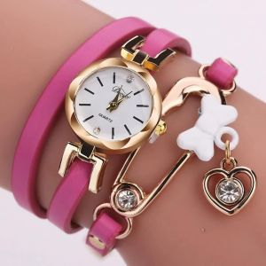 Duoya Femmes Bowknot Coeur D&eacute;coration Bracelet Montre-Bracelet Cha&icirc;ne Robe Montre &Agrave; Quartz (Rose Rouge) - Neuf