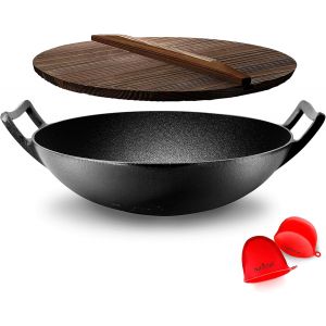 Jexnovashop-Nutrichef Wok En Fonte-Pr&eacute;-Assaisonn&eacute;e De 5,5 L - Po&ecirc;le - Couvercle En Bois - Compatible Avec Plaques De Cuisson &Eacute;lectriques Et Induction - Grande Taille, Black - Neuf