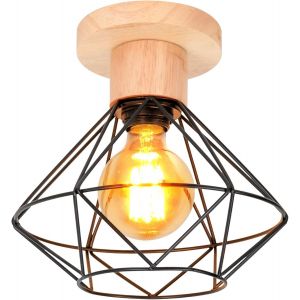 Suspension Luminaire Vintage Industrielle Lustre Abat-Jour En Métal Et Bois Ø160mm Plafonnier E27 Avec Bois Rétro Pour Salon Cuisine Chambre (P-220mm-1pcs) - Neuf