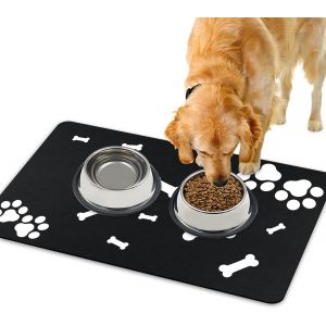 Tapis De Nourriture Pour Chien Et Chat À Séchage Rapide-Super Absorbant,Lavable,Antidérapant-43x75cm (Motif De Patte D'os-Noir) - Neuf