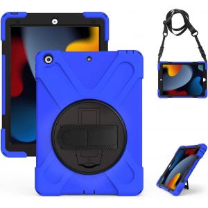 Coque Antichoc Ipad 10.2"", Ipad 9ème/8ème/7ème Génération, Étui De Robuste Avec Porte-Stylet, Support Pivotant, Bandoulière Et Dragonne, Résistant Housse Pour Ipad 10.2"" 2021/2020/2019, Bleu - Neuf