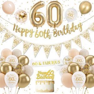 D&eacute;coration Anniversaire 60 Ans Femme - Ballons Blanc Et Or, Confettis, Latex, Banni&egrave;re Joyeux Anniversaire - Neuf