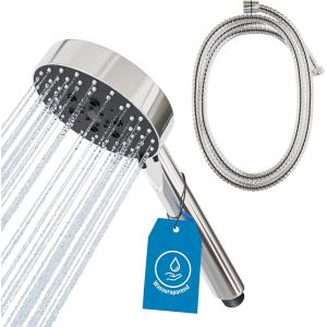 TZF-Pommeau de douche, avec tuyau, 5 types de jets, diam&egrave;tre : 105 mm, &eacute;conomiseur d'eau, rond, chrom&eacute;, 105 mm - Neuf