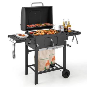 Barbecue &agrave; charbon de bois portable 128 x 54 x 117 cm grande capacit&eacute; cuisson pratique ambiance conviviale en m&eacute;tal noir Helloshop26 20_0021151 - Neuf