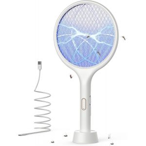 Raquette anti-moustiques électrique, rechargeable 4000 V, 1500 mAh, avec base stable, contre les moustiques, les mouches et les insectes volants, blanche - Neuf