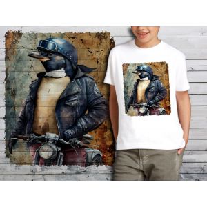 T-Shirt Blanc Enfant Pingouin Biker Blouson De Cuir 714 - Neuf