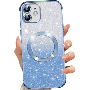 Eryi-Coque Magnétique Pour Iphone 12, Etui À Paillettes Compatible Avec Magsafe, Antichoc Charge Sans Fil Housse Pour Iphone 12, Avec 2 Verre Trempé, Bleu - Neuf