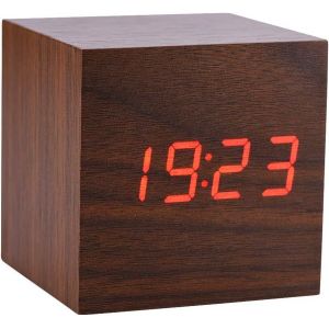 KAL-Réveil Numérique Led, Horloge Cube Horloge En Bois Horloge De Table Avec Alarmes Mode Commande Vocale Et Mode Toujours Lumière Pour Chevet Chambre Bureau 6X6X6Cm(Bois Brun + Lumière Rouge) - Neuf