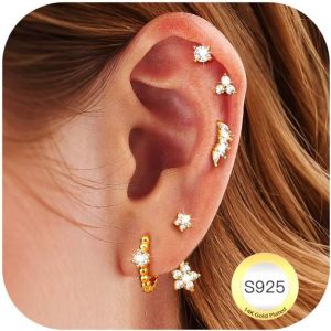 Kal-Paires Boucles D'oreilles Femme Argent 925 Plaquée Or 14k Créoles Argent Boucles D'oreilles Zircon Piercing Oreille Cartilage Petites Boucles D'oreilles Femme Or Pour Piercings Multiples - Neuf