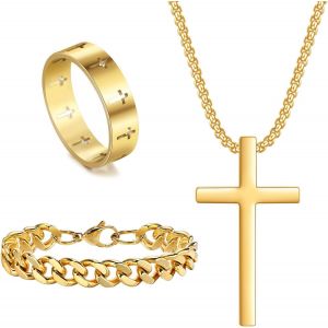 Kal-Ensemble Collier Avec Pendentif En Forme De Croix Cubaine En Acier Inoxydable Pour Homme - Cha&icirc;ne Cubaine - Bague Tournante Vintage - Cadeau Pour Homme - Anniversaire No&euml;l - Neuf