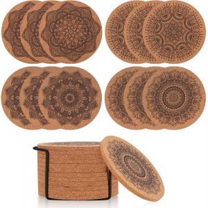 12 Pièces Dessous De Verre En Liège Rond, Boisson Dessous Sous-Verres En Liège, Réutilisable Tapis De Tasse Mandala En Bois Pour Maison, Bureau, Bar Et Restaurant - Neuf