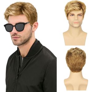 Loc-Blond Courte Perruque Pour Homme,Postiche Naturelle Moelleuse,Noir Couche Vague Perruques Pour Hommes Avec Frange Disco Perruque Punk Rock Halloween Cosplay Costume De Fête Quotidien (Blond) - Neuf