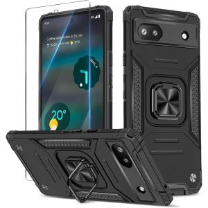 Kal-Coque Pour Google Pixel 6a Avec Verre Trempé, Etui De Protection Antichoc De Qualité Militaire, Housse Avec Anneau Support Métallique, Support De Voiture Compatible, Noir - Neuf