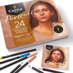 Eryi-Castle Arts Lot De 24 Crayons De Couleur Dans Une Boîte Métallique Couleurs Parfaites Pour Les Portraits Avec Noyaux De Couleur Lisse, Mélange Et Superposition Idéal Pour Dessiner, Esquisser Et - Neuf