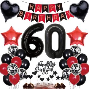 TIANYI-Décoration d'anniversaire 60 ans pour homme et femme u2013 Décoration de gâteau, guirlande noire et rouge, décoration de fête, ballons du 60e anniversaire - Neuf