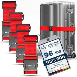 TIANYI-&reg; Lot de 4 sangles de valise de qualit&eacute; sup&eacute;rieure, particuli&egrave;rement attrayante et s&ucirc;re, avec 2 &eacute;tiquettes &agrave; bagage, sangle de bagage id&eacute;ale en croix, rouge - Neuf