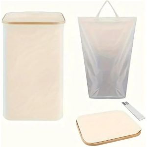 MEVRONISSHOP-Panier &agrave; linge de 100 l avec couvercle, poign&eacute;e en bambou naturel, pliable, avec poche int&eacute;rieure (lin naturel) - Neuf
